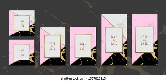 Wedding invitation cards  black pink marble texture background collection with gold frame for text message vector design