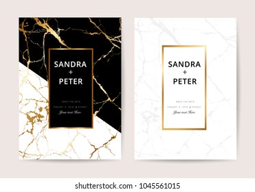 Wedding Invitation cards with black and withe marble texture, Gold line design vector illustration.