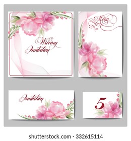 Wedding invitation cards  with blooming flowers. (Use for Boarding Pass, invitations, thank you card.) Template Vector.