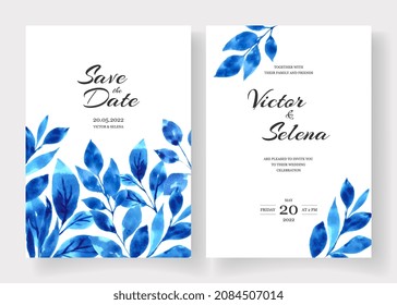 Wedding Invitation cards with blue watercolor leaves on white background. Vector elegant wedding template for winter. Save the date templates