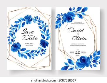 Wedding Invitation cards with blue watercolor flowers leaves and golden frame on white background.