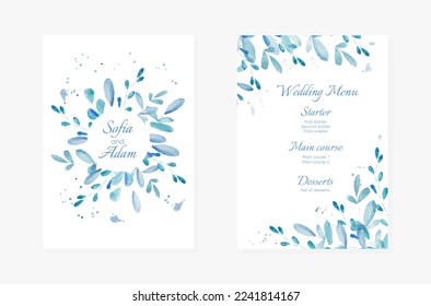 Wedding Invitation cards blue Watercolor style collection design, invitation and menu template. Invite Vector.