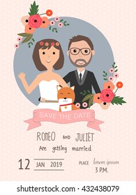 wedding invitation cards with bride and groom and their dog pet. vintage style.save the date banner.Illustration EPS 10.