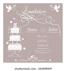 Wedding invitation cards with wedding cake. Use for invitations, announcement cards. Template Vector.