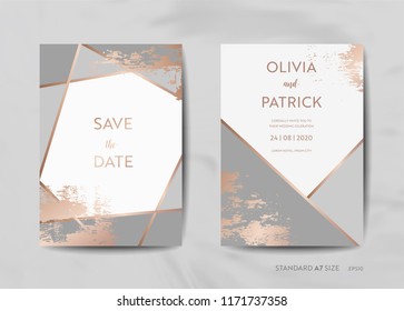 Wedding Invitation Cards Collection. Save the Date, RSVP with trendy texture background and gold geometric art deco frame design illustration in vector