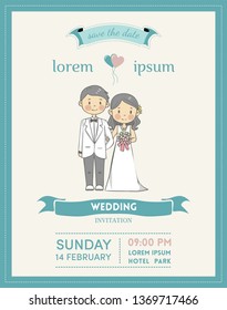 Wedding Invitation Cards With Couple Cartoon Character And Pastel Color Vector Design 