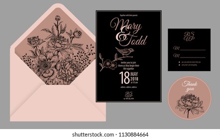 Wedding invitation cards and cover. Invite, thank you, rsvp templates. Decoration with flowers peonies, bird, frame pattern. Floral vector illustration set. Vintage. Oriental style. Black, white, pink