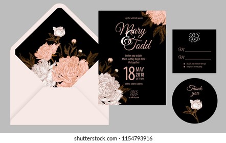 Wedding invitation cards and cover. Invite, thank you, rsvp templates. Decoration with flower peonies, frame pattern. Floral vector illustration set. Vintage. Oriental style. White, black and pink