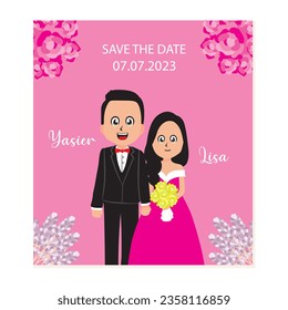 Wedding invitation cards with cute cartoon bride and groom. Vector illustration.