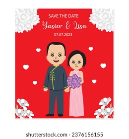 Wedding invitation cards with cute cartoon bride and groom. Vector illustration