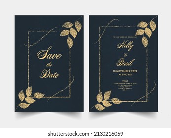 Wedding Invitation Cards Decorated With Flat Glitter Leaves Stem For Announce.