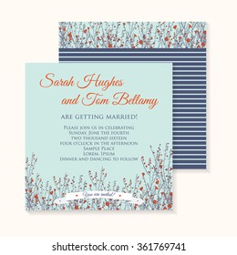wedding invitation cards decorated with hand drawn branch of flax