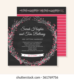 wedding invitation cards decorated with hand drawn branch of flax