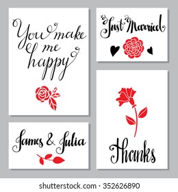 Wedding invitation cards design set, valentines day. Hand drawn text. Flowers, hearts silhouettes isolated on white background