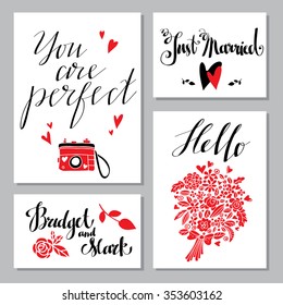 Wedding invitation cards design template set, valentines day. Hand drawn text. Flowers, hearts, camera silhouettes, icons isolated on white background
