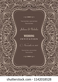Wedding invitation cards Eastern style brown and beige. Arabic  Pattern. Mandala ornament. Frame with flowers elements. Vector illustration.