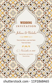 Wedding invitation cards Eastern style. Arabic  Pattern. Mandala ornament. Frame with flowers elements. Vector illustration.