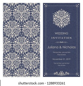 Wedding invitation cards Eastern style blue and beige. Arabic  Pattern. Mandala ornament. Frame with flowers elements. Vector illustration.