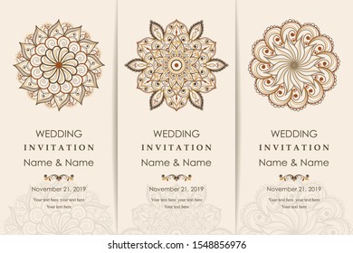 Wedding invitation cards Eastern style. Arabic  Pattern. Mandala ornament. Frame with flowers elements. Vector illustration