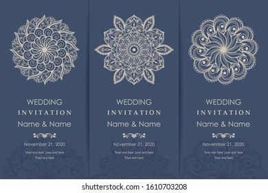 Wedding invitation cards Eastern style blue and beige. Arabic  Pattern. Mandala ornament. Frame with flowers elements. Vector illustration.