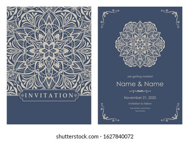 Wedding invitation cards Eastern style blue and beige. Arabic  Pattern. Mandala ornament. Frame with flowers elements. Vector illustration.
