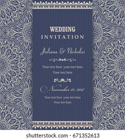 Wedding invitation cards Eastern style blue and beige. Arabic  Pattern. Mandala ornament. Frame with flowers elements. Vector illustration.