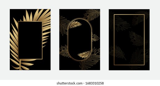 Wedding invitation cards elegant black gold background with frame template