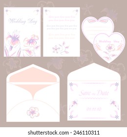 Wedding invitation cards and envelope, wedding set elegant pastel colors floral design vector