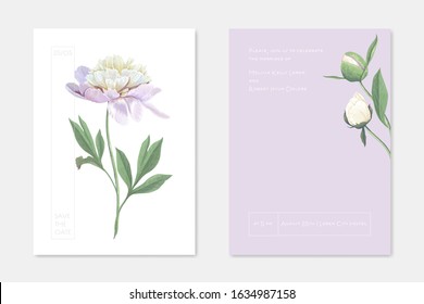 Wedding Invitation Cards with Floral Design Set. White Garden Peony Flowers on Stem with Leaves Decoration. Romantic Frame with Greenery Bouquet, Save the Date Postcard Template Vector Illustration