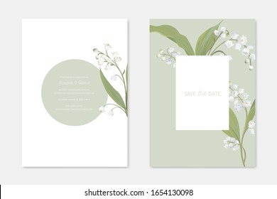 Wedding Invitation Cards with Floral Design Set. White Lily of the Valley Flowers on Stem with Leaves Decoration. Romantic Frame with Greenery, Save the Date Postcard Template Vector Illustration