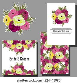 Wedding invitation cards with floral elements.