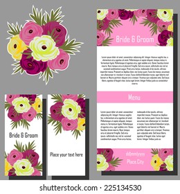 Wedding invitation cards with floral elements.