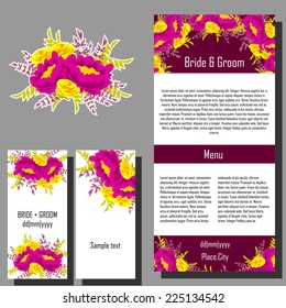 Wedding invitation cards with floral elements.