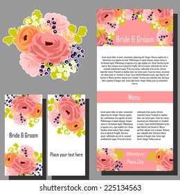 Wedding invitation cards with floral elements.