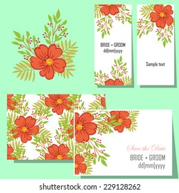 Wedding invitation cards with floral elements.