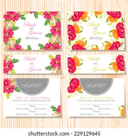 Wedding invitation cards with floral elements.