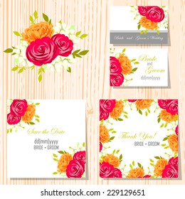 Wedding invitation cards with floral elements.