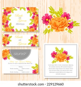 Wedding invitation cards with floral elements.