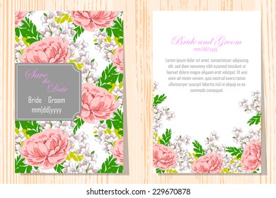 Wedding invitation cards with floral elements.