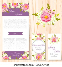 Wedding invitation cards with floral elements.