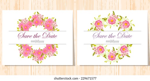 Wedding invitation cards with floral elements.