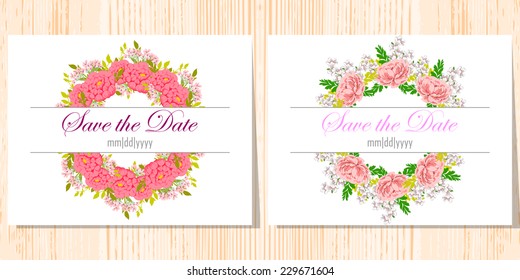 Wedding invitation cards with floral elements.