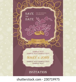 Wedding invitation cards with floral elements. Vector cards design. Wedding invitation, save the date. Vintage labels. Hand drawn floral ornaments with flowers and rings. 