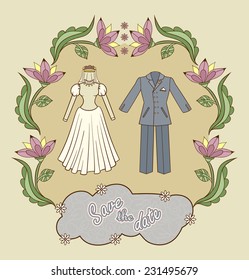 Wedding invitation cards with floral elements. Vector cards design. Wedding invitation, save the date. Vintage labels. Hand drawn ornaments. 