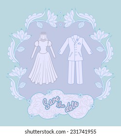 Wedding invitation cards with floral elements. Vector cards design. Wedding invitation, save the date. Vintage labels. Hand drawn ornaments. 