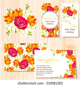 Wedding invitation cards with floral elements.