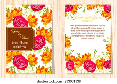 Wedding invitation cards with floral elements.
