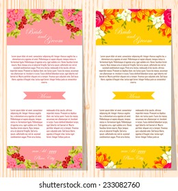 Wedding invitation cards with floral elements.