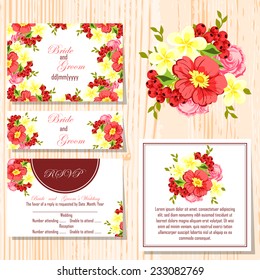 Wedding invitation cards with floral elements.