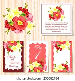 Wedding invitation cards with floral elements.